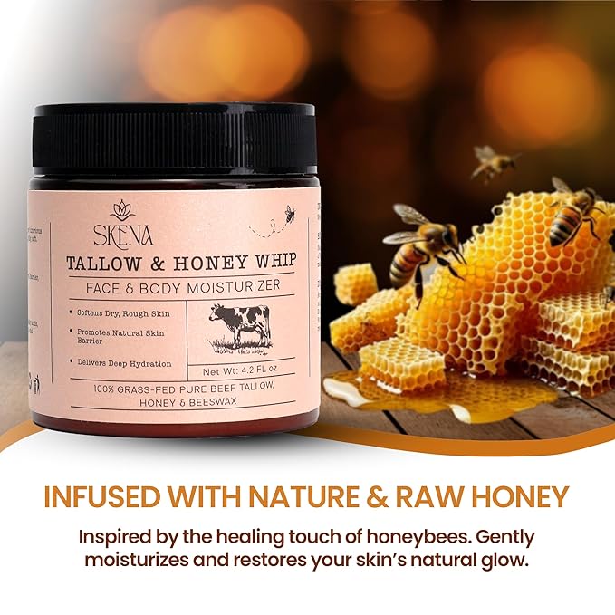 Grass-Fed Beef Tallow Moisturizer with Honey & Beeswax – Whipped Tallow Face Cream for Deep Hydration – Natural Face & Body Balm for Dry, Sensitive Skin – 4.2 oz for Men & Women