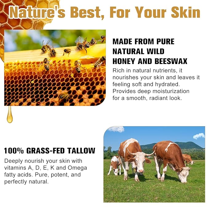 Beef Tallow Honey Balm Sticks for Skin & Face,Whipped Beef Tallow Face Moisturizer Cream with Raw Honey, Grass Fed Cow Beef Tallow Cream, All Natural Pure Body Lotion for Women & Men, Unscented