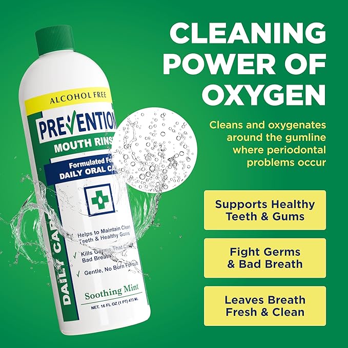 Prevention Daily Care Combo Pack, Alcohol-Free Mouthwash, Hydrogen Peroxide Teeth Whitening, 1 Bottle of Soothing Fresh Mint, 1 Bottle of Double Mint Menthol, Gum Care Oral Mouth Rinse 16 oz 2 Pack.