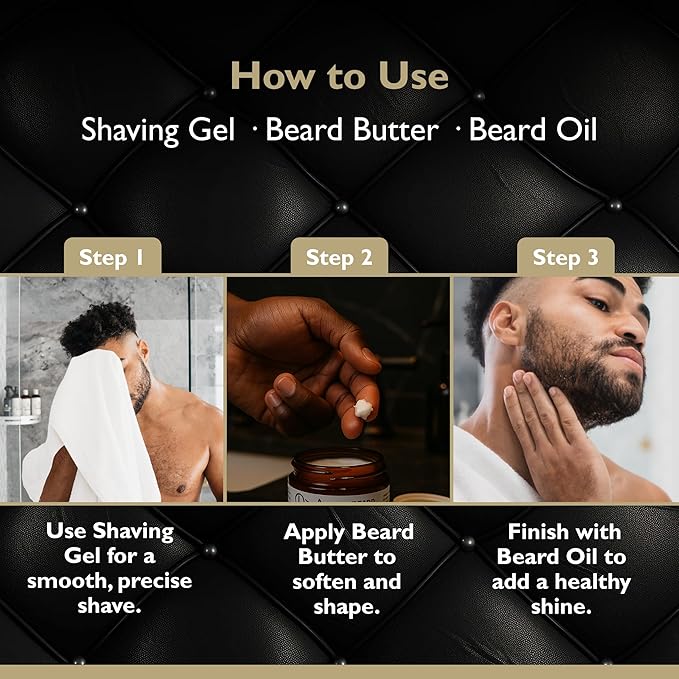 Beard Grooming Set – Beard Oil, Beard Butter & Shaving Gel – Hydrate, Soften & Style (3-pack, Obsidian Cardamom)