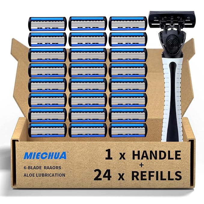 6-Blade Razor,Plastic Anti-slip Men Manual Refill Cartridges razors, Reusable Face Cleansing Care Tool, 24 pcs refill cartridges, Shave Supplies for Men and Women - Black