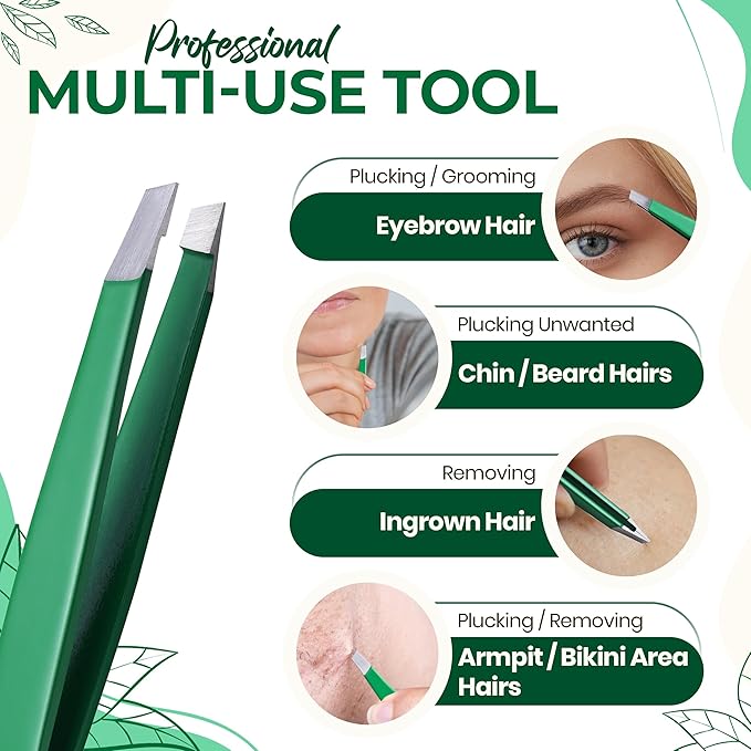 Professional Slant Tip Eyebrow Tweezers for Women & Men – Precision Hair Removal Tool – Stainless Steel Tweezers for Eyebrow Shaping, Facial Hair, Ingrown Hair & Splinter Removal (Jade Green)