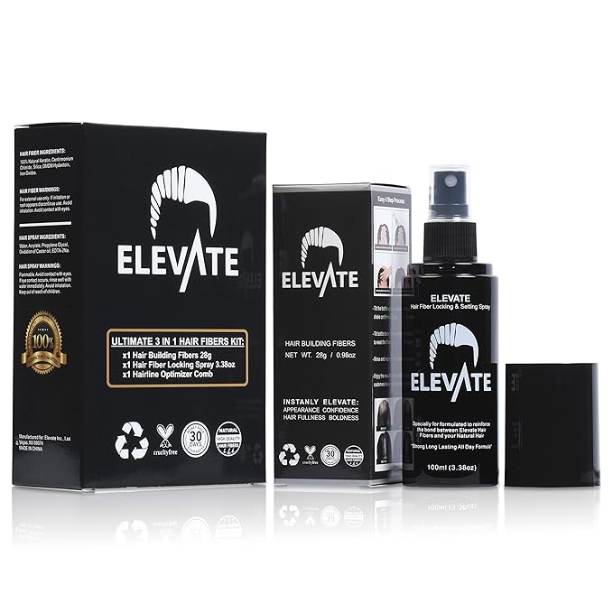Elevate Hair Building Fibers 3-in-1 Kit for Thinning Hair (Black) Keratin Hair Thickening Powder with Fiber Lock Spray & Hairline Optimizer Comb - Instant Hair Concealer Waterproof for Men & Women