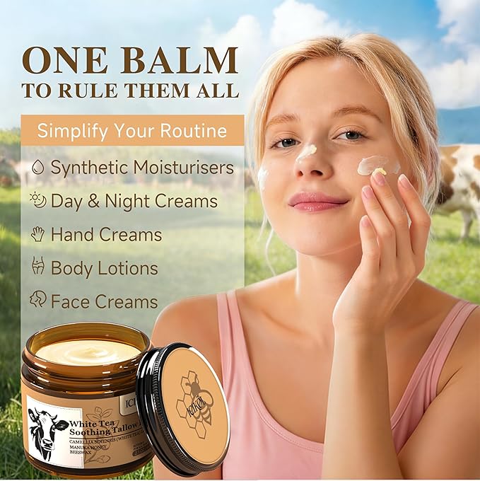 Beef Tallow Honey Balm, Grass-Fed Tallow Moisturizer for Face and Body, Deep Hydration Cream with White Tea Scent, Handmade Natural Skin Nourishment, 2.1 oz