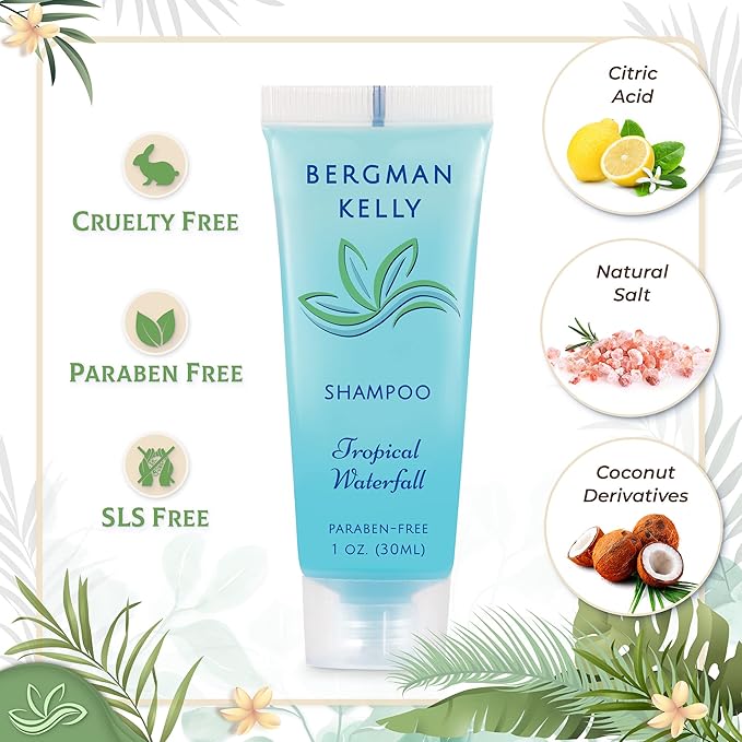 BERGMAN KELLY - Travel Size Hotel Shampoo - 1 fl oz, 100 PK, Tropical Waterfall - Delight Your Guests with Revitalizing & Refreshing Hair Cleanser for Guest Hospitality - Bulk Small Size Shampoo