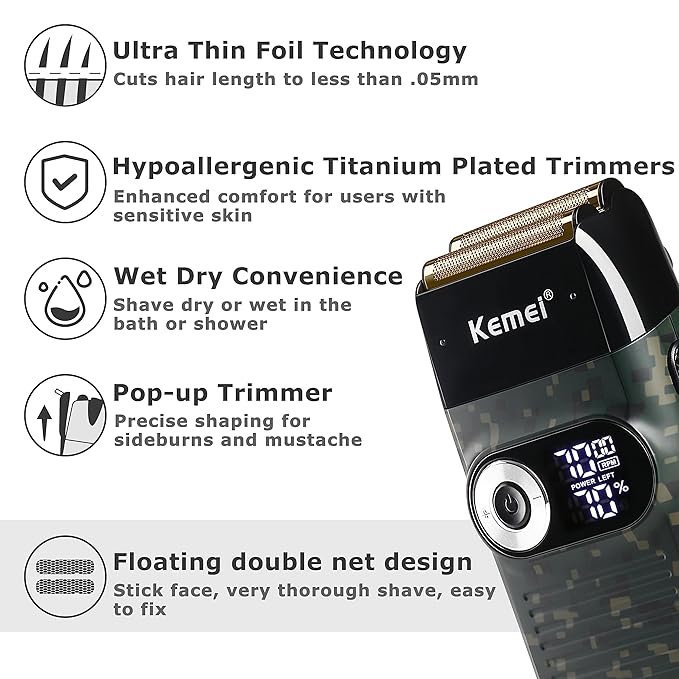 Kemei Foil Professional Electric Shaver for Men Razor with Bald Trimmer Cordless Shavers Rechargeble LED Display 2 in 1