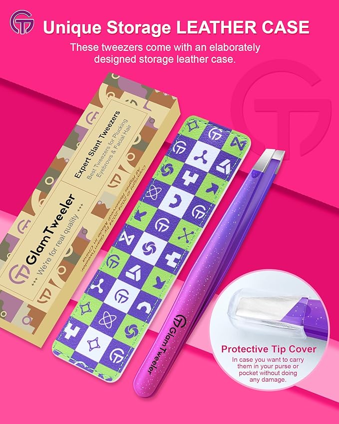 Expert Slant Tip Tweezers with Leather Travel Case, GlamTweeler Sharp & Precision Stainless Steel Tweezer for Eyebrows, Facial Hair and Fine Hairs Removal (Sparkle Deep Violet & Lavender)
