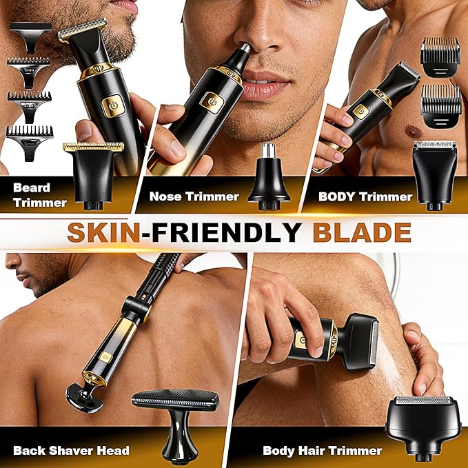 Back Shaver for Men, LED Display 5 in 1 Body Hair Groomers Kits with Rechargeable with Long Handle Waterproof IPX6,Multi-Functional Back Trimmer for Men