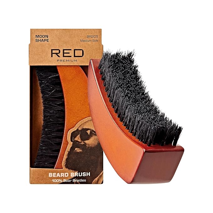 Red by Kiss Beard Brush with 100% Natural Boar Bristles for Men, Premium Wooden Brush, Beards Mustaches Grooming Shaving Comb, Tame and Soften Facial Hair (Moon Shape)