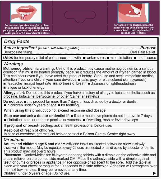 Oracoat CankerMelts Stick-On Melts Canker Sore Treatment for Mouth Sores with 15mg Benzocaine, Hyaluronic Acid & Vitamin E