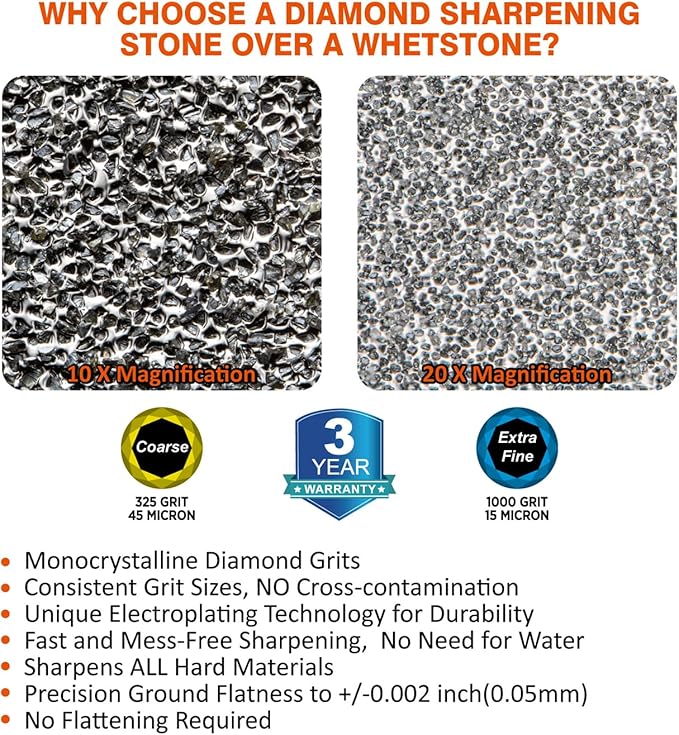 SHARPAL 168H Large 8" x 3" Dual-Grit Diamond Sharpening Stone – Coarse 325 & Extra-Fine 1000 Grit Monocrystalline Diamond Whetstone, Professional Knife Sharpener with Anti-Slip Pad and Angle Guide