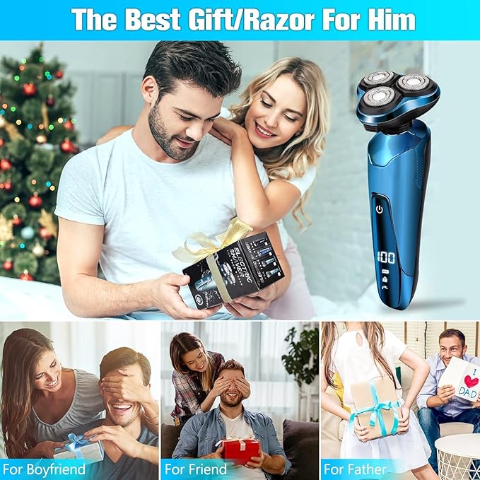 Mens Electric Shaver, 4D Floating Head High-Speed Motor IPX7 Waterproof, Fast Charging Cordless Electric Razor with Pop-Up Trimmer & Replaceable Blades