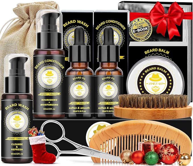 XIKEZAN Gifts for Men, Beard Kit for Mens Care & Grooming with Sweet Tobacco Beard Oils,Wash,Conditioner,Balm,Brush,Comb,Scissors,Cool Birthday Valentines Fathers Christmas Gifts for Men Him Husband