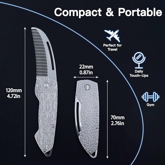 2PCs Folding Mustache Comb, Metal Beard Comb for men Pocket Mini Portable Fits In Keychain Anti-Static