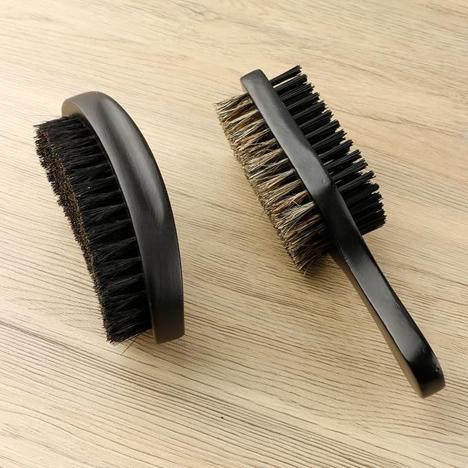 2-Sided Hair Brush for Men and Pure Boar Bristle Beard Brush Set, Pocket Travel Men's Wooden Mustache Brush for Hair, Detangling, Smoothing (Black-B)
