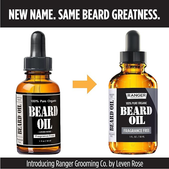 Leven Rose Beard Kit by Ranger Grooming Company, 100% Organic Natural Fragrance Free Unscented Beard Oil, Boar Bristle Beard Brush, Natural Wood Comb Beard Care Starter Set for Men