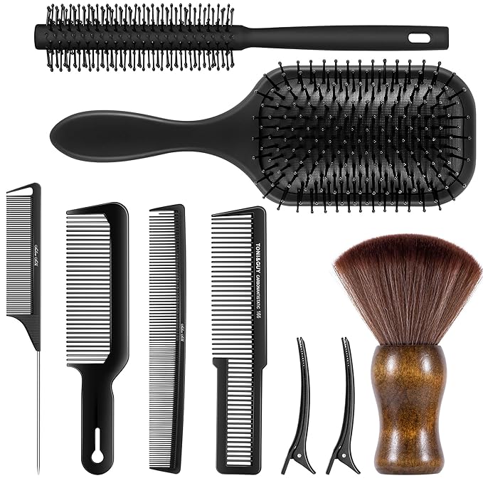 SALONSILK 9PCS Hair Brush & Styling Comb Set for Men, Professional Barber Tools for All Hair Types, Perfect for Styling, Grooming and Detangling