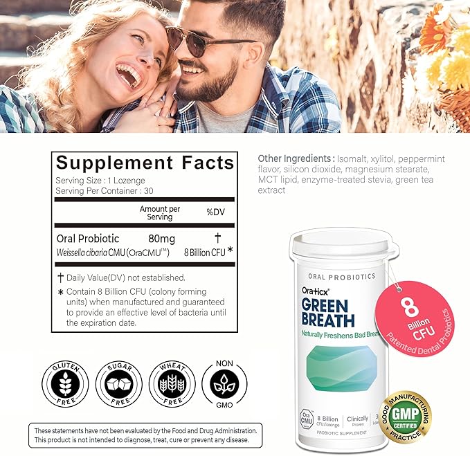 OraTicx Oral Probiotics Green Breath, Freshen Bad Breath, Dental Probiotic Supplement for Oral Health, 8 Billion CFU, Mint Flavor 30 Lozenges 2-Pack