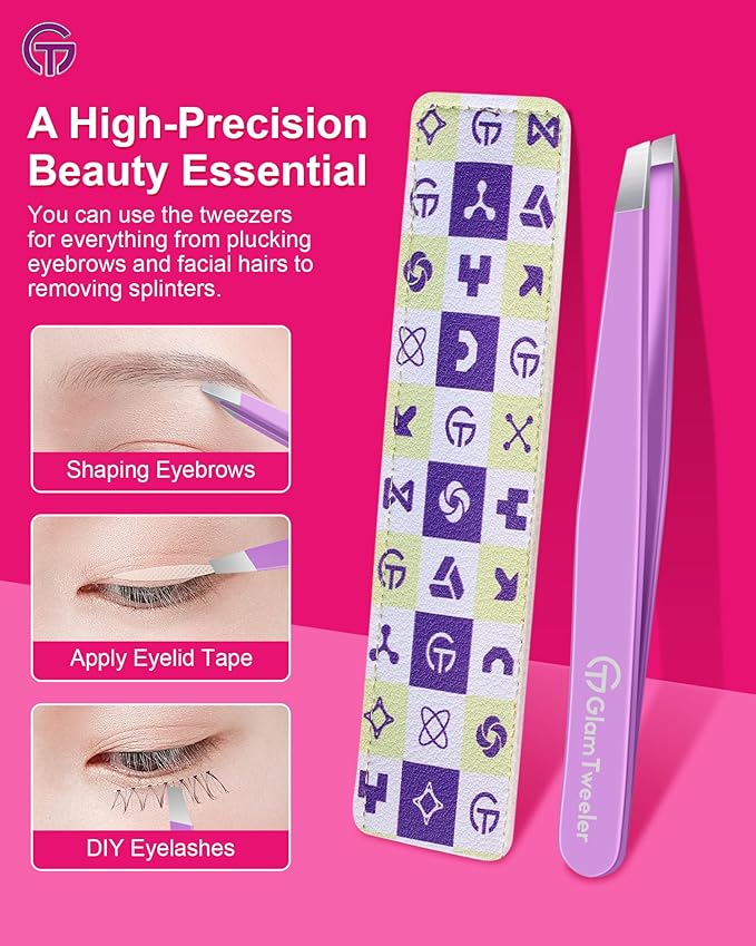 Expert Slant Tip Tweezers with Leather Case, GlamTweeler Sharp & Precision Stainless Steel Tweezer for Eyebrows, Facial Hair and Fine Hairs Removal (Violet)