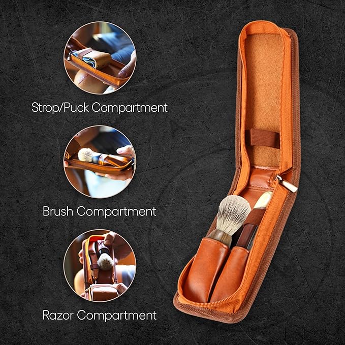 Razor Travel Case - Safety Razor Case, Straight Razor Case, Disposable Razor Case, Elegant Travel Razor Case For Your Razor & Brush, Keeps Razor & Brush Clean, Travel In Style, Great Gift (Brown)