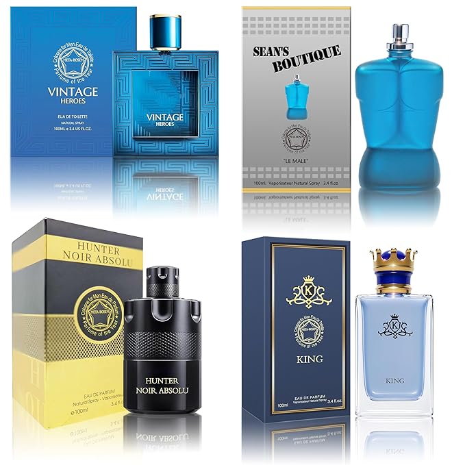 META-BOSEM Cologne for Men Set (100ml x 4PCS Variety Pack Vintage HeroesKing,Sean's Boutique,Hunter Noir) Eau De Perfume Notes of Woody, Spicy, Citrus & Aromatic Long Lasting Perfume for Men