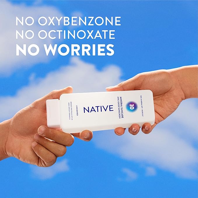 Native Sunscreen Lotion Unscented SPF 30, 100% Mineral SPF for Face & Body Broad Spectrum UVA UVB for Men & Women, Suitable for Sensitive Skin & Hawaii Compliant, Lightweight & No Residue, 7oz