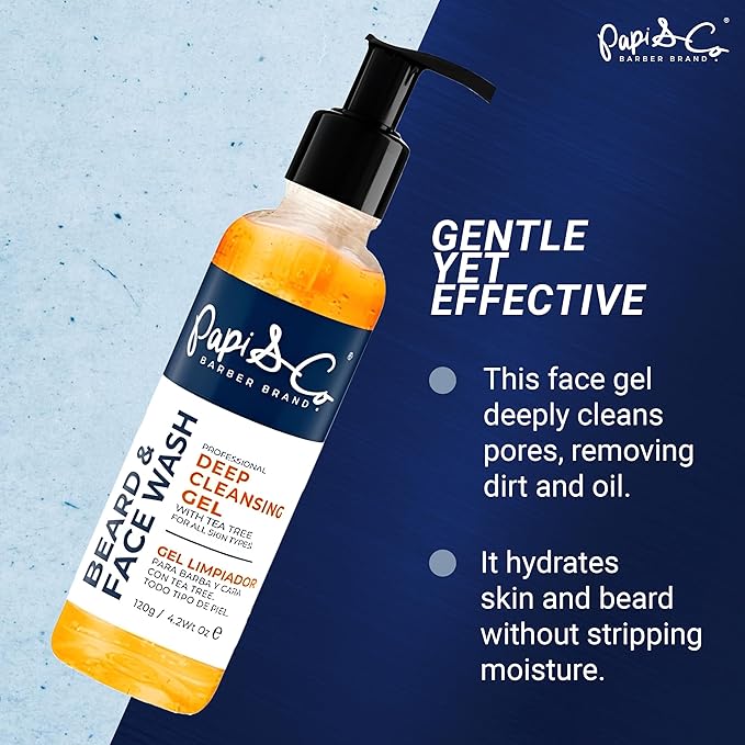 PAPI & CO. - Men's Beard & Face Wash - Deep Cleansing Gel Facial Cleanser - Hydrating Purifying Exfoliating Beard Wash - Moisturizing Conditioner for Itching Relief - Sulfate & Paraben- Free - 4.2 oz
