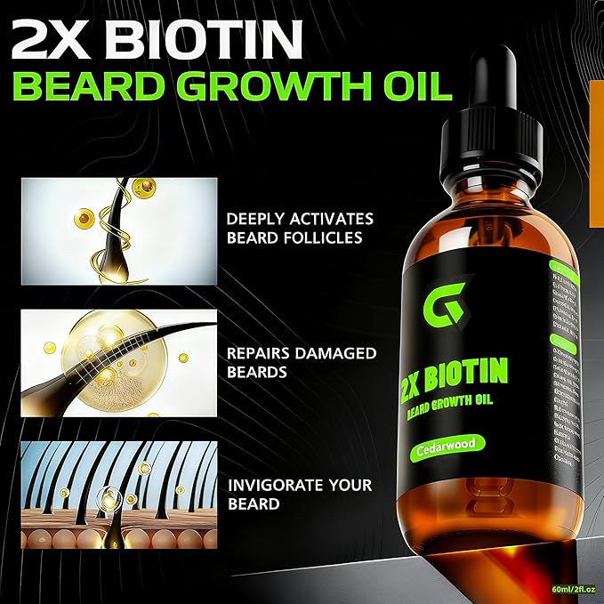 2X Biotin Beard Growth Oil for Men - Natural Organic Leave-in Conditioner & Softener - Mustache & Facial Hair Thickener, Moisturizer & Strengthener - Anti Itch & Dandruff Serum, 2 fl.Oz(Cedar)