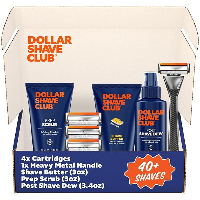 Dollar Shave Club | The Total Package Gift Set | 4 Swift Rinse Refill Cartridges, 1 Heavy Metal Handle, 1 Prep Scrub 3 ounce, 1 Shave Butter 3 ounce, 1 Post Shave Dew 3.4 ounce, Razors for Men