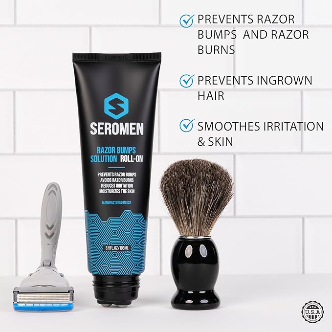 Seromen Razor Bump Treatment for Men – 3.5 fl oz Roll-On Serum for Face and Body Ingrown Hair and Razor Burn Solution, Soothes Skin, Calms Irritation, Made in USA