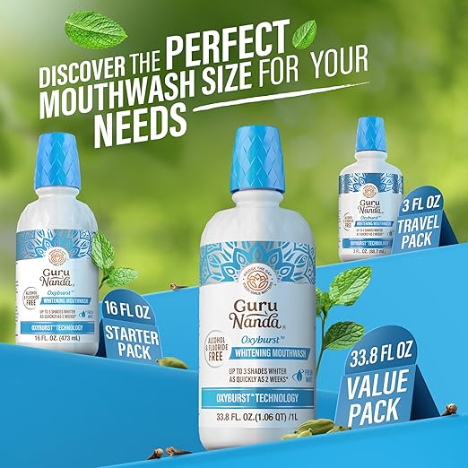 GuruNanda Oxyburst Teeth Whitening Mouthwash – Alcohol & Fluoride Free, with Hydrogen Peroxide & 7 Essential Oils, Value Size for Regular Use, Wild Mint, 1 Liter/33.8 fl oz