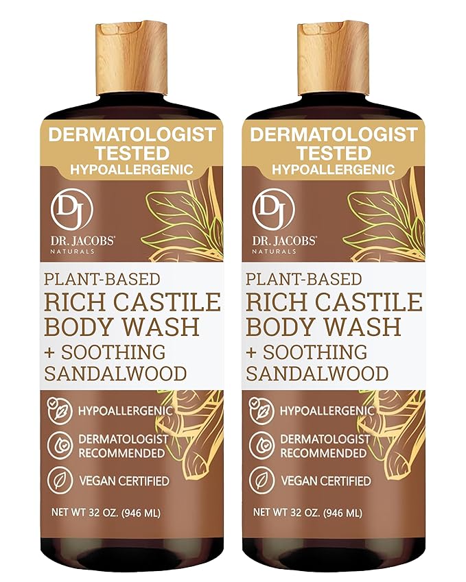 Dr. Jacobs Naturals Pure Castile Soap Liquid Body Wash, Sandalwood - Plant Based Soap Infused with Vitamin E and Aloe Vera to Moisturize Dry and Sensitive Skin - Made in the USA - 32 oz, Pack of 2