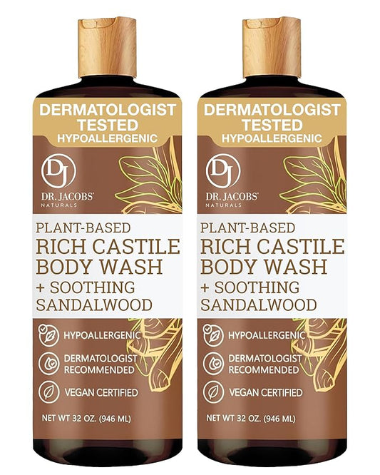 Dr. Jacobs Naturals Pure Castile Soap Liquid Body Wash, Sandalwood - Plant Based Soap Infused with Vitamin E and Aloe Vera to Moisturize Dry and Sensitive Skin - Made in the USA - 32 oz, Pack of 2