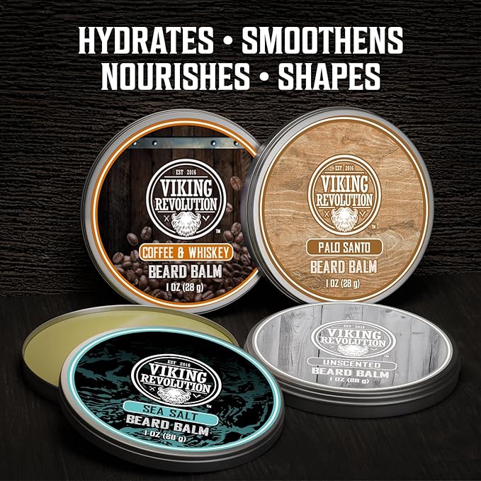 Viking Revolution 4 Beard Balm Variety Pack (1oz Each) – Coffee & Whiskey, Palo Santo, Sea Salt and Unscented – Styles, Strengthens & Softens Beards & Mustaches – Leave-In Conditioner Wax for Men