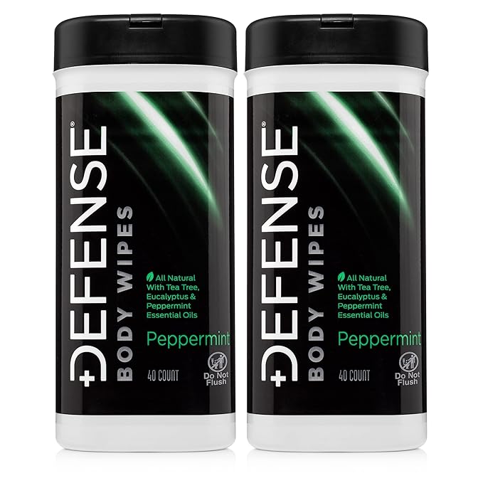 Defense Soap All Natural Peppermint Body Wipes 2PK with Tea Tree Oil | Wrestling, Combat, Camping, Gym, Post Workout Shower Wipes for Men and Women. 40 Count (Pack of 2)