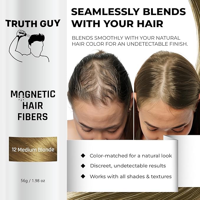 Truth Guy Magnetic Hair Building Fibers for Thinning Hair - Adds Volume & Thickness with Static Electricity Technology - Easy Application for Men & Women, Quick Results, Mess-Free. 2 oz. Medium Brown