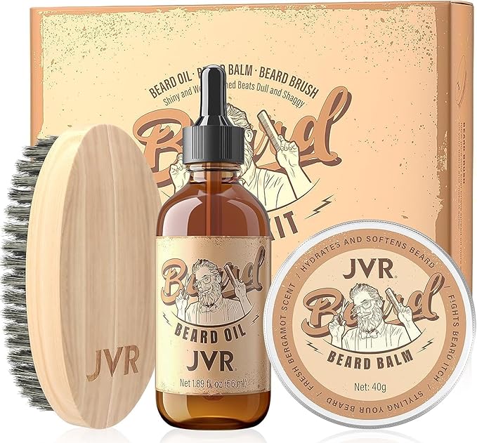 JVR Beard Grooming Kit for Men, Beard Care Kit Includes Oil and Balm,100% Boar Brush Vegan Just for Men Mustache, Perfect Gifts for Him Man Dad Boyfriend