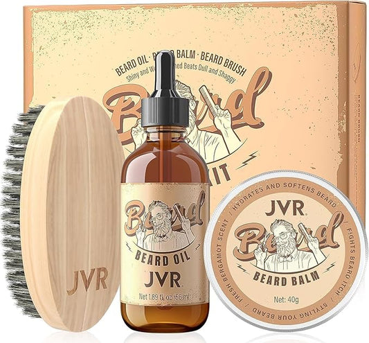 JVR Beard Grooming Kit for Men, Beard Care Kit Includes Oil and Balm,100% Boar Brush Vegan Just for Men Mustache, Perfect Gifts for Him Man Dad Boyfriend