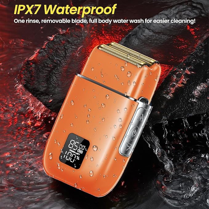 Electric Foil Shavers for Men, 3 Speed Electric Razor for Men, High Speed Dual Floating Blades, IPX7 Waterproof Wet & Dry, LED Display, USB Type C Charging, Foil Razor for Face/Beard/Head (Orange)