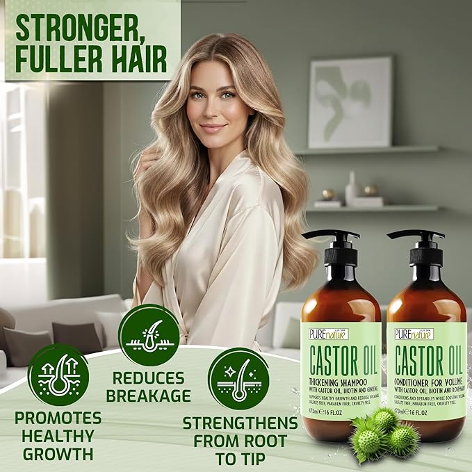 Castor Oil Shampoo and Conditioner Set - Sulfate Free - Volume Thickening Products for Fine, Thinning Hair - Anti Breakage and Volumizing, Thick Professional Salon Formula - 16 Fl Oz (Set of 2)