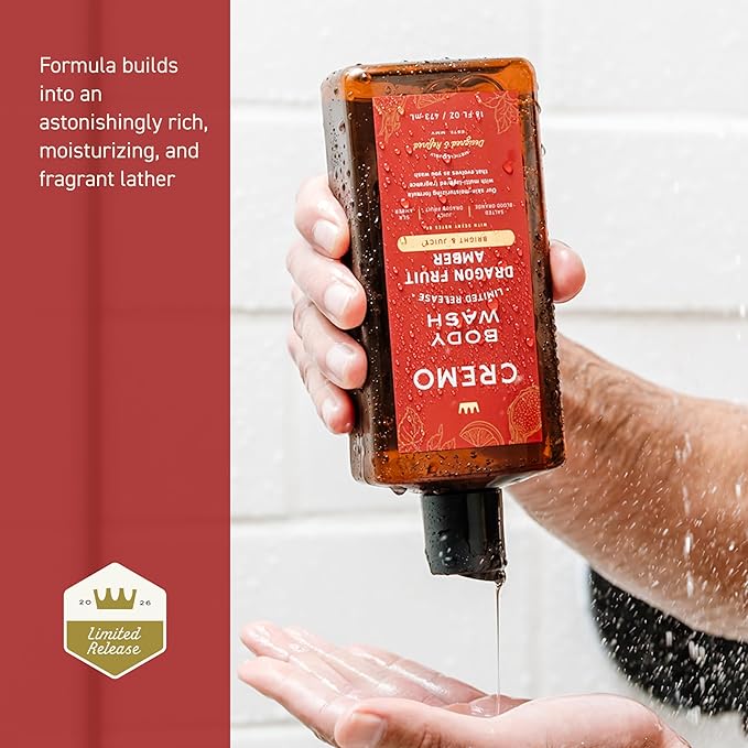 Cremo Rich-Lathering Dragon Fruit Amber Body Wash Men, Notes of Salted Blood Orange, Juicy Dragon Fruit, and Sea Amber, 16 Fl Oz