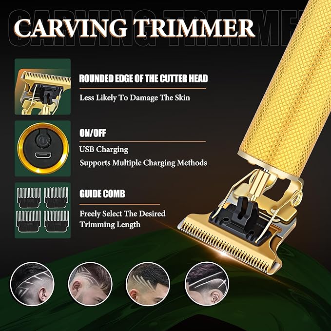 Hair Clippers for Men, 3-Piece Professional Grooming Kit Includes Hair Clipper, LED Power Display,Detail Trimmer and foil Shaver, Complete Cordless Set for Home Barber Use (Gold)
