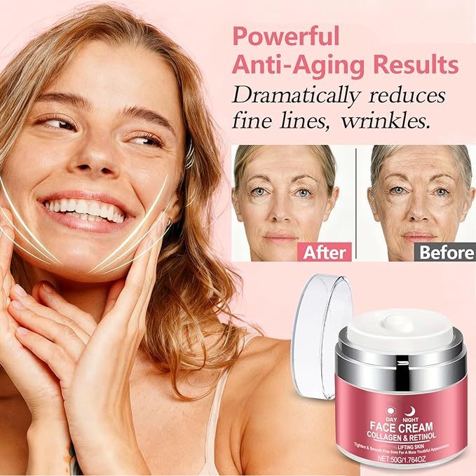 Retinol Cream for Face with Collagen, Collagen Face Moisturizer for Lifting Skin, Day-Night Anti-Aging Cream for Women and Men for Tighten & Smooth Fine lines, Wrinkles and Dryness 1.76 Fl Oz