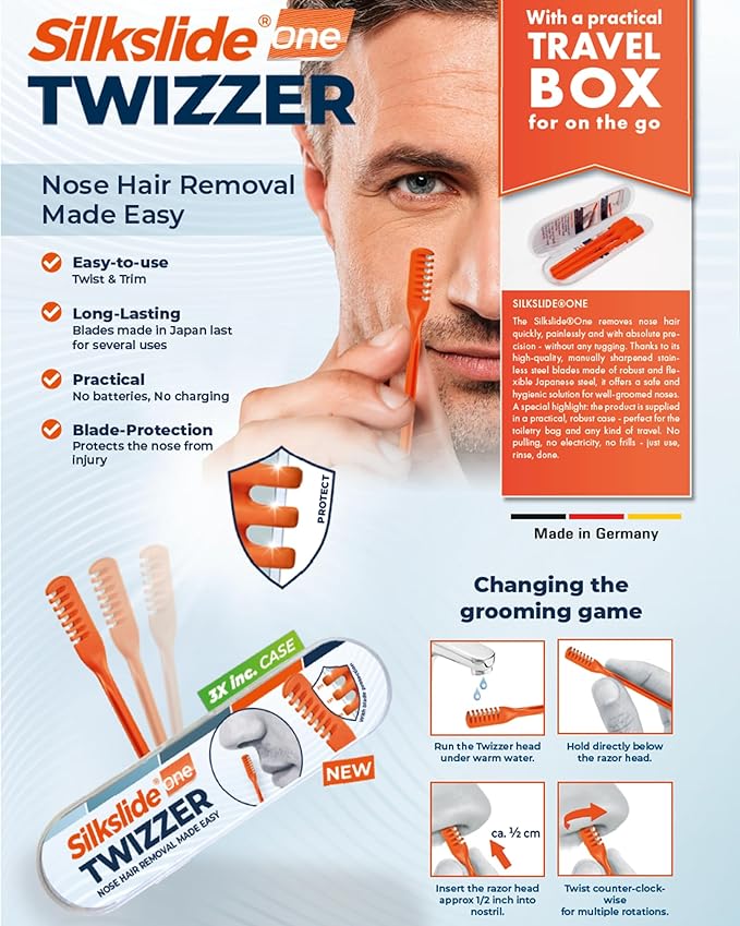 Silkslide®One TWIZZER – Nose Hair Trimmer for Men and Women – Compact Travel Case – Twist & Trim Nasal Hair Removal – Japanese Premium Blades – No Electricity or Batteries