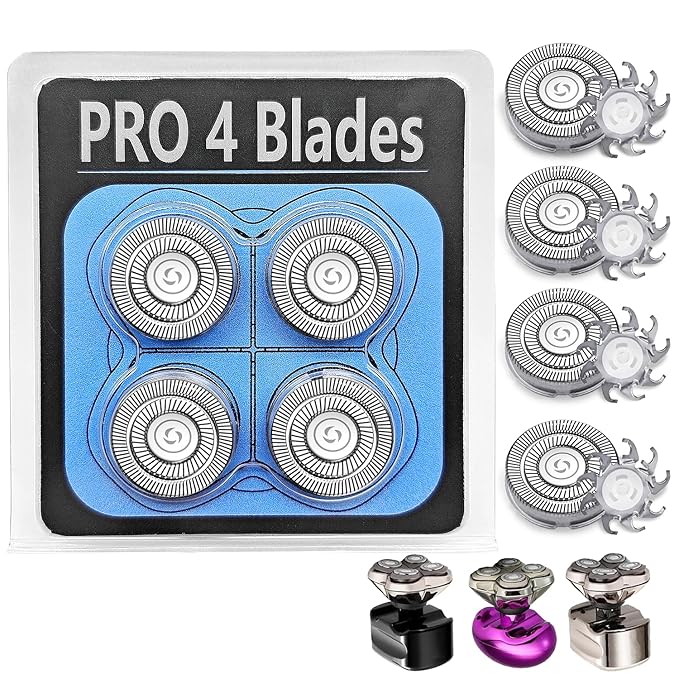 4Pack Pro 4 Head Replacement Blades for Pitbull Shaver Replacement Heads for Skull Bald Head Razors Gold PRO, Silver PRO, Platinum PRO… Series, Precision Replacement Blades for Head, Face.