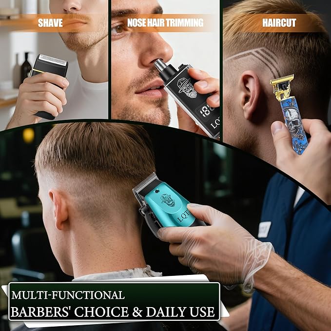 Hair Clippers for Men with LED Power Display, 4-Piece Professional Grooming Kit with Hair Clipper, Detail Trimmer, Foil Shaver & Nose Trimmer, Complete Cordless Set for Home Use and Gifts