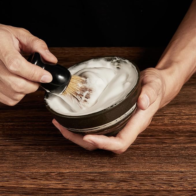 Vintage Design Handmade Pottery Shaving Bowl Thicken Ceramic Soap Bowl for Whipping Up The Best Foam Lather Large Size Black 4.5" (Black White)