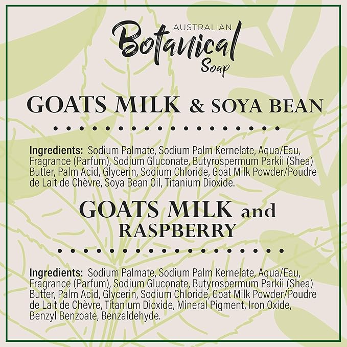 Australian Botanical Soap, Classic Goat Milk and Goat's Milk with Raspberry, 6.6 OZ, Triple Milled Bars made with Enriched with Organic Shea Butter, Pack of 8