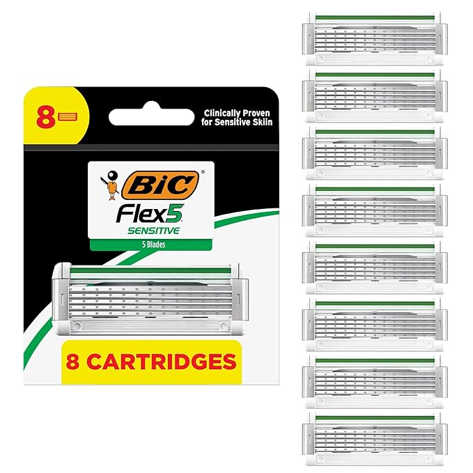 BIC Flex 5 Sensitive Men's 5-Blade Razor Refills, Clincally Proven for Sensitive Skin, 8 Refill Cartridges, 8-Pack
