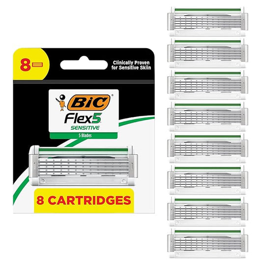 BIC Flex 5 Sensitive Men's 5-Blade Razor Refills, Clincally Proven for Sensitive Skin, 8 Refill Cartridges, 8-Pack